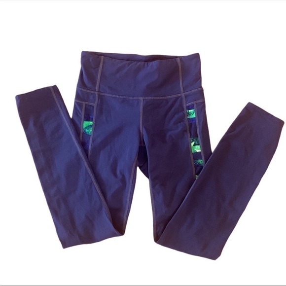 Athleta Flow Skinny Up Navy Leaf Print Stripe Workout Yoga Pant Leggings Size XS - Picture 4 of 8